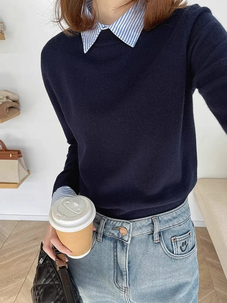 Korean Sle Faionable Knitted Sweater Autumn Winter Loose Long Sve Turn-down Collar Color Blo Top Women's Clothing