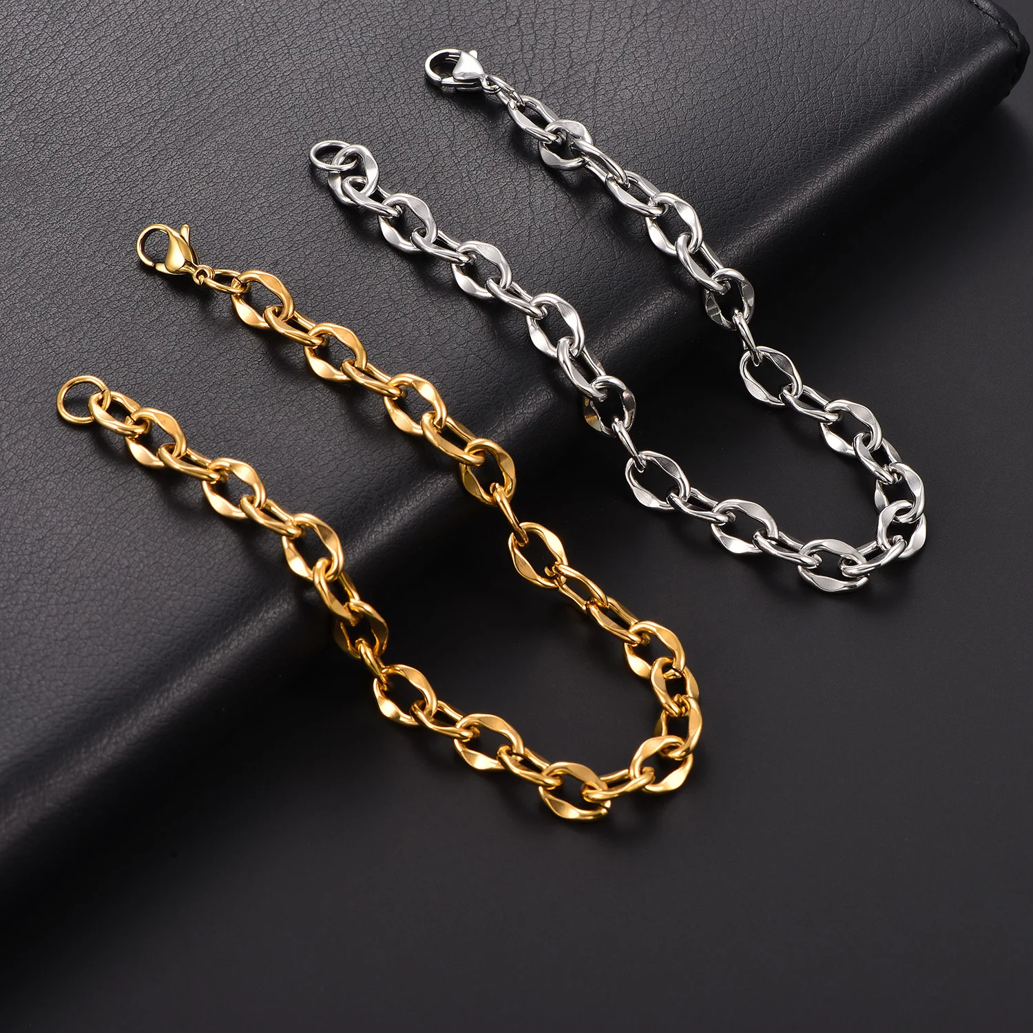 Einfaches Hip-Hop-Edelstahl-Oval-Armband, runder Ring, Fußkette, Rolo-Gliederkette, einfache Handgelenkskette, exquisiter Modeschmuck – Detail 6