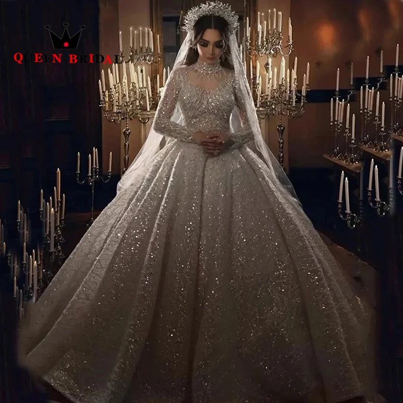 

Exquisite Long Sleeve Sequined Lace 2024 Wedding Dresses High Neck Court Train Bridal Ball Gown Vestidos De Novia Custom H18X