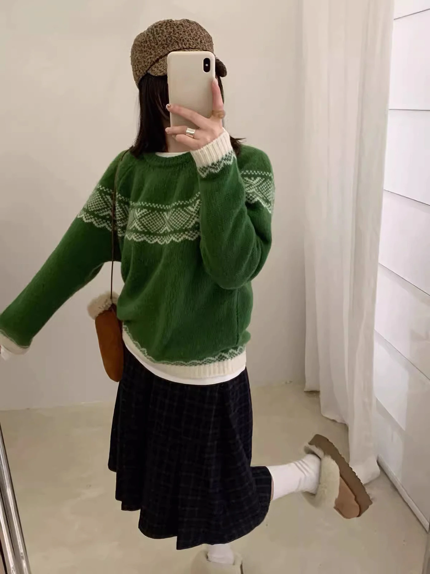 한국 슬레 여성 니트 스웨터 라운드 넥 풀오버 따뜻한 베이스 레이어 페어 아일 패턴 겨울 패션 캐주얼