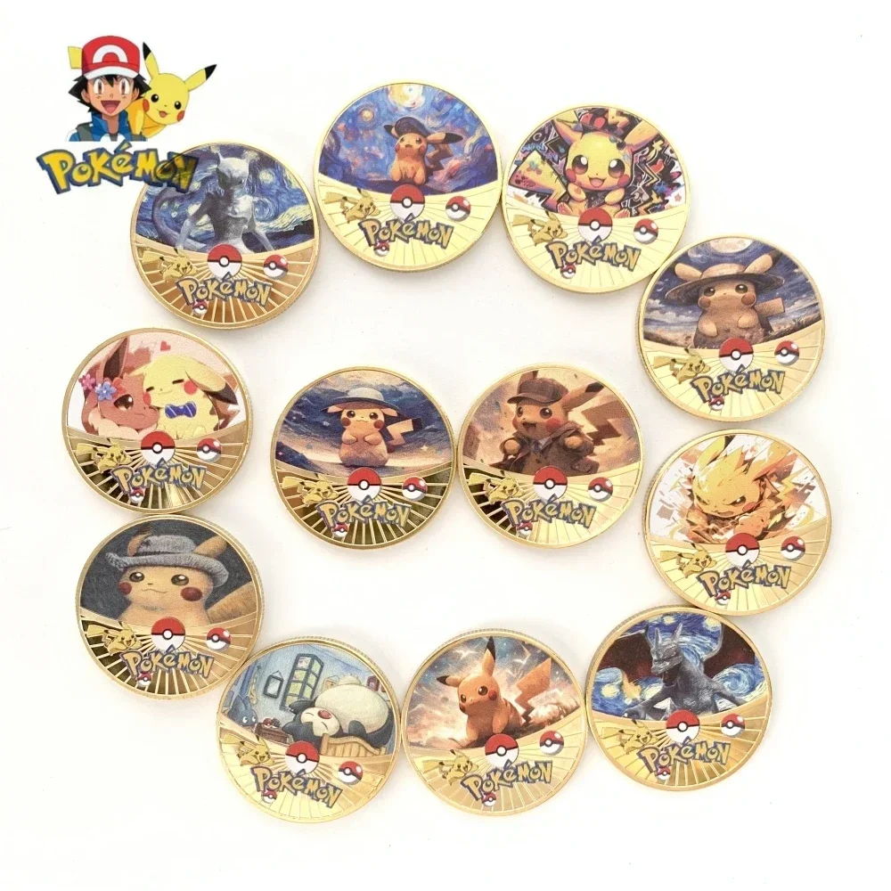 Oil Painting Starry Sky Pokemon Coin Collection Pikachu Mewtwo Eevee Patterns Gold Plated Color 27 Patterns Anime Pokemont Gifts