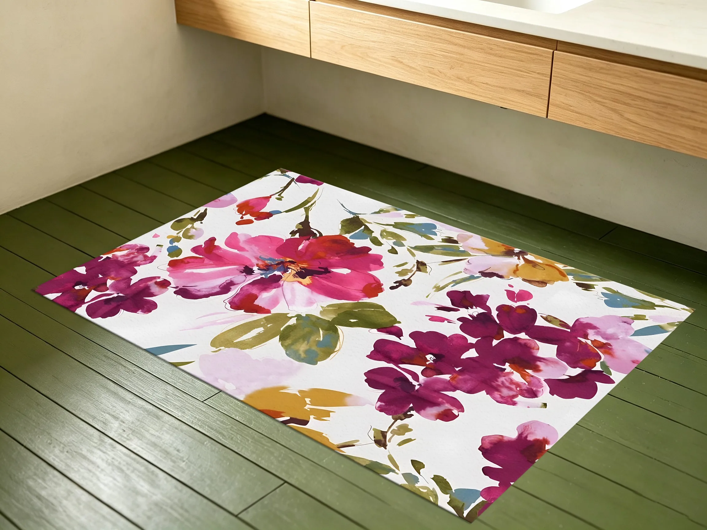 Watercolor Hand-Painted Floral Rug, Romantic Fresh Carpet for Living Room Bedroom, Cozy Home Decor