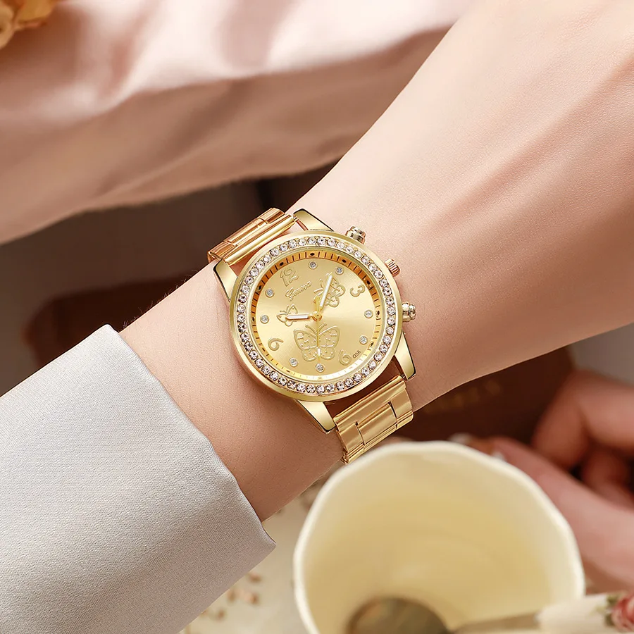 Luxury Casual Round Rhinestone Butterfly Quartz Wristwatch Fashion Ladies Business Steel Belt Diamond Watch Relogio Feminino