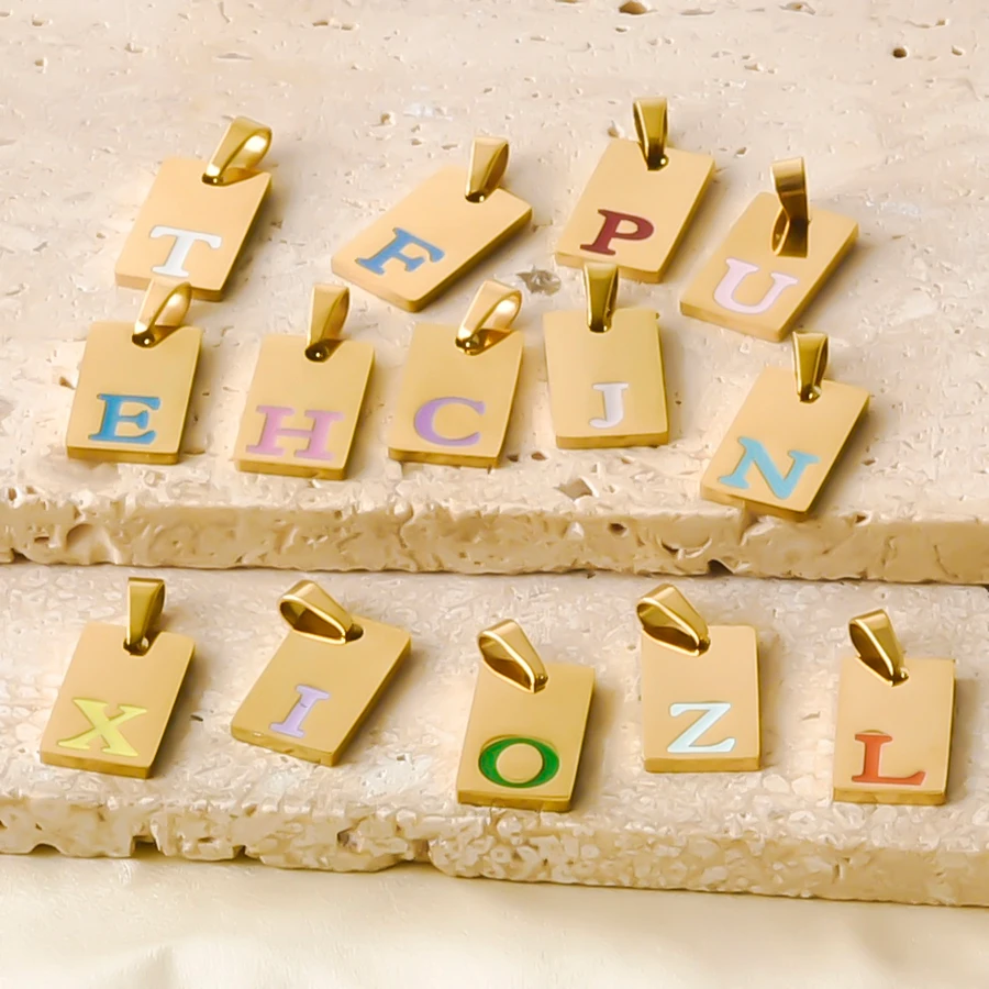 10/26pcs Stainless Steel Colorful Enamel Initial Letter Charms Gold Plated Rectangle A‑Z Alphabet Pendant DIY Necklace Jewelry