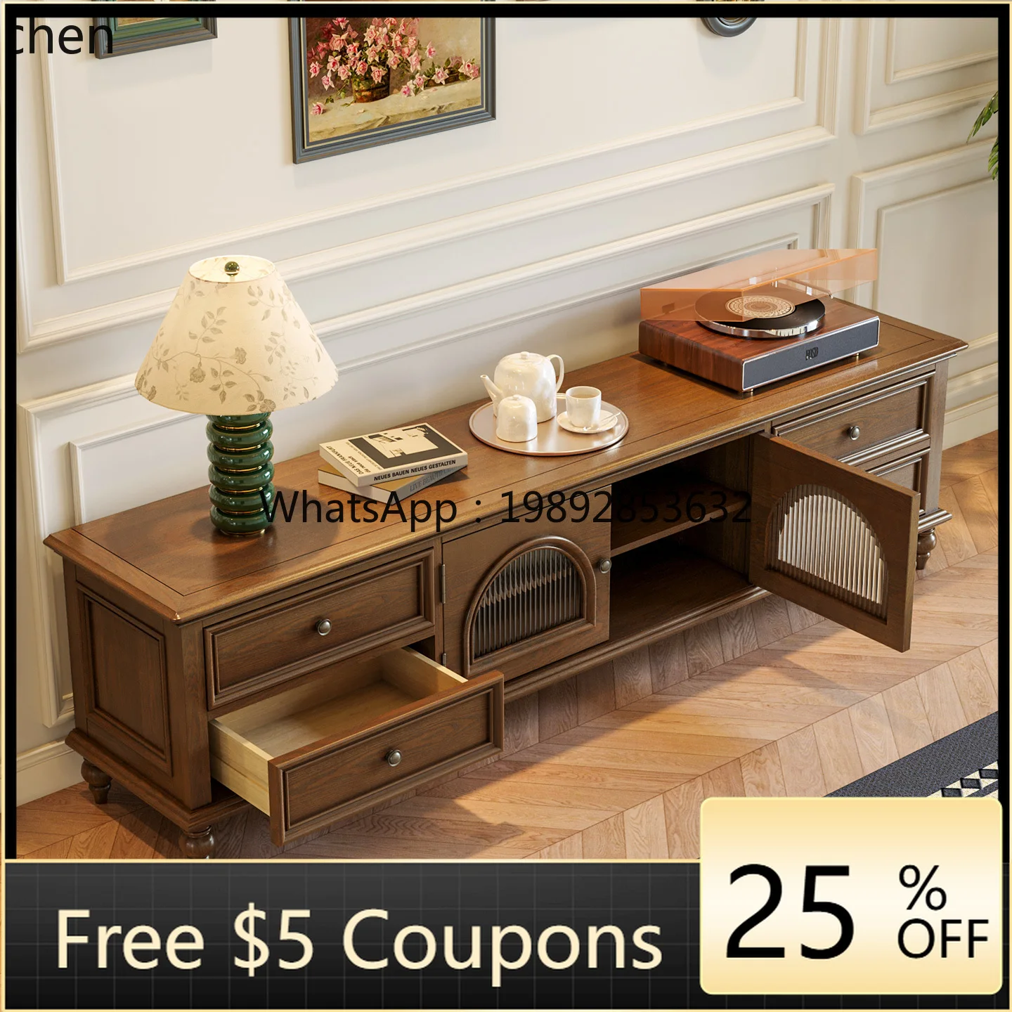 

solid wood coffee table TV cabinet living room storage locker retro TV floor cabinet