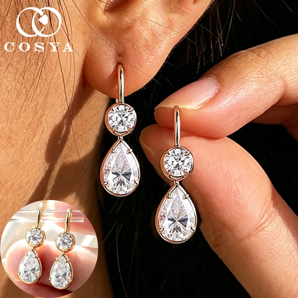 COSYA 9.6cttw Pear Cut Moissanite Drop Earrings for Women S925 Silver Plated 18K Gold WaterDrop 2 Stone Dianty Fine Jewelry Gift