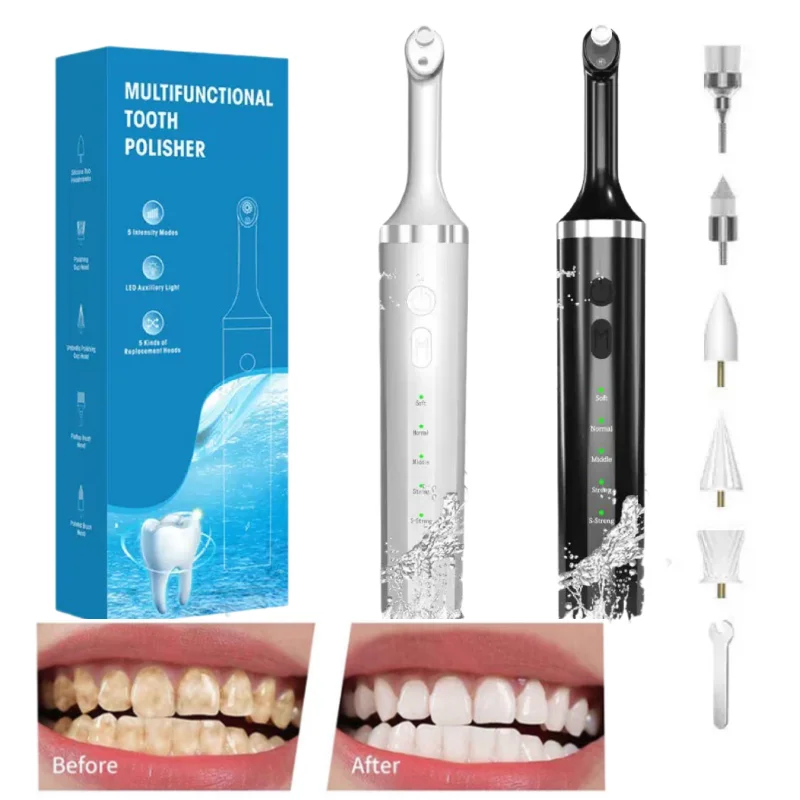 Dental Tooth Polisher Teeth Cleaner Kit Set with 5 Brush Heads LED Light Waterproof For Home Use Teeth Polishing Whitening Clean