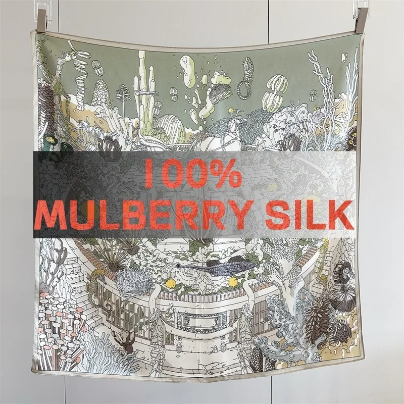 

100% MULBERRY SILK Scarf 90cm Seahorse Coral Jellyfish Hand Drawn Print Twill Square Scarf Light Luxury All Season Styling Decor