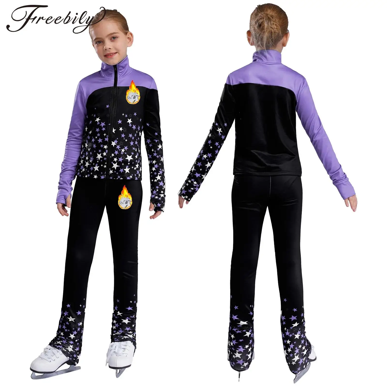 Kids Girls Fleece Figure Skating Jacket and Skating Pants Set Printed Zip Up Jacket Coat Leggings Pants Tracksuit Sweatsuit Set