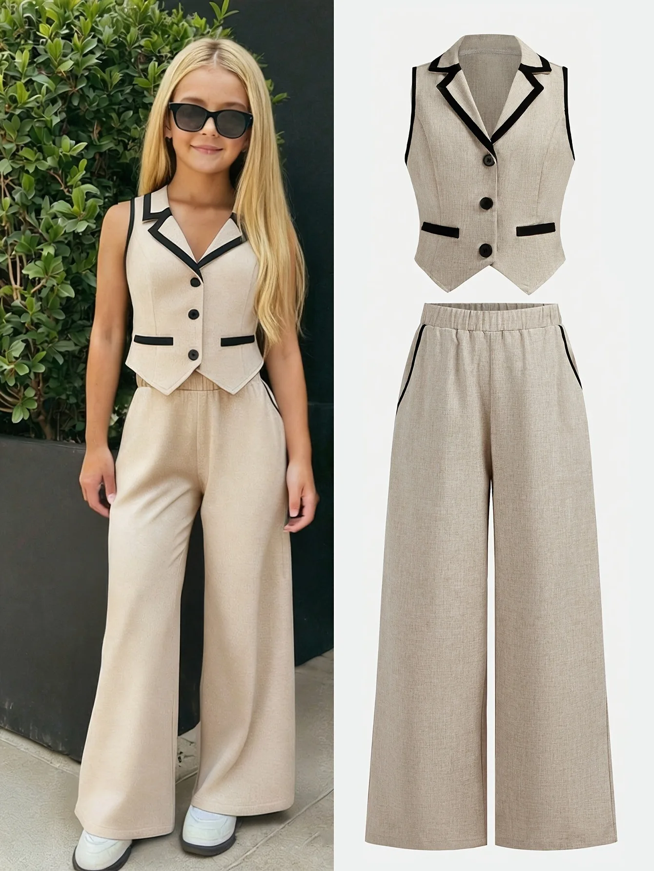 Old Money Girls Beige 2 Piece Blazer Vest Set Contrast Trim Wide Leg Pants Smart Casual Preppy Outfit For 4-12Y