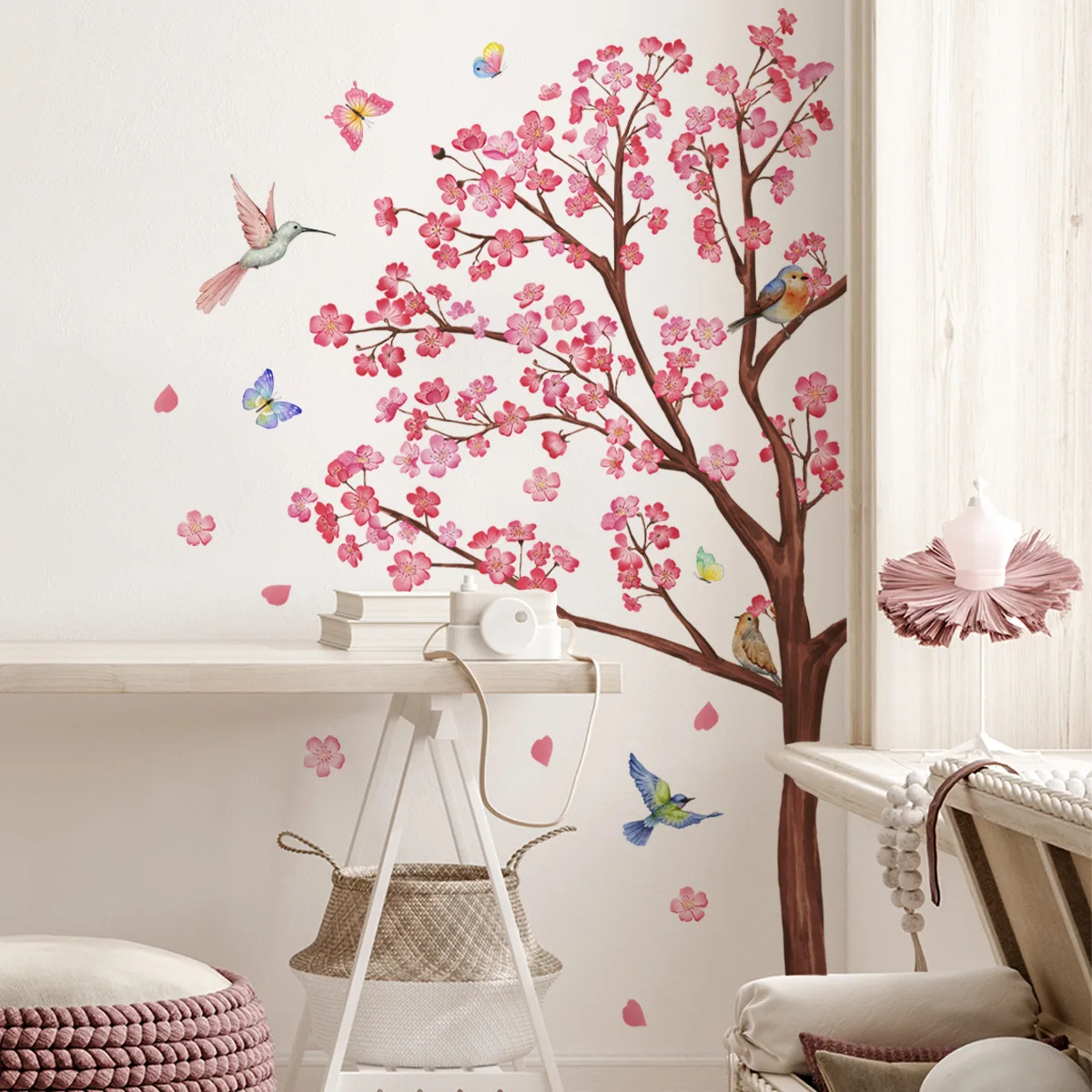 Living Room Large Pink Flower Tree Wall Stickers Home Decoration Removable Wallpaper Kids Room Girl Bedroom Wall Art Mural Decal