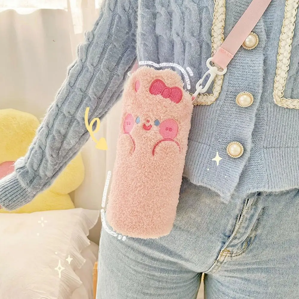 Crossbody Bag Plush Water Bottle Cover Cup Sleeve Pouch Portable Cartoon Water Cup Bag Cute Handbag Cup Storage Bag Travel