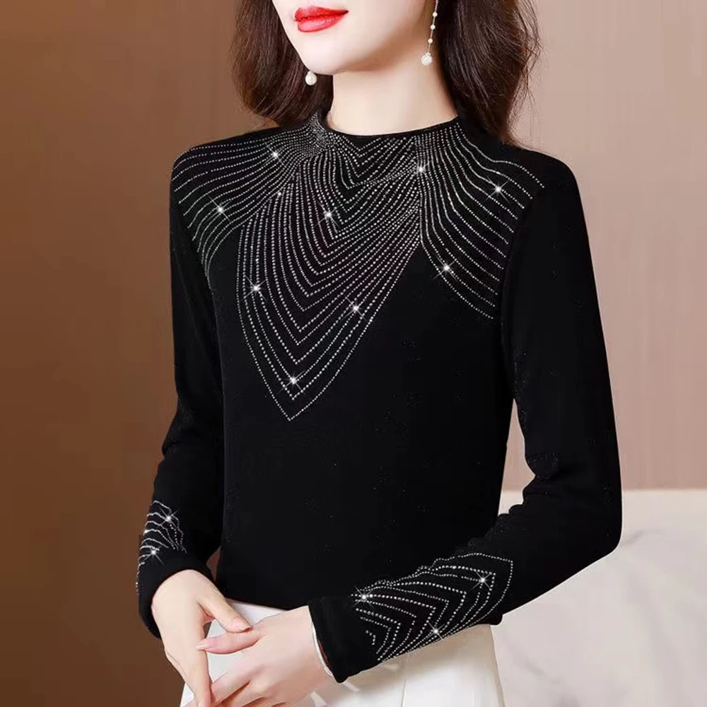 Long Sleeved Half High Neck Top for Women Solid Color with Hot Pressed Diamond Embellishment Suitable for Various Occasions