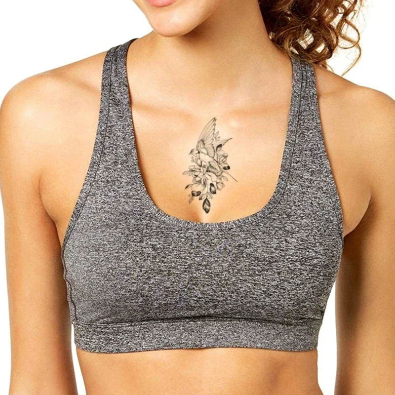 Waterproof Temporary Tattoo Sticker Sketch Swallow Flower Fake Tattoos Flash Tatoo Arm Hand Chest Neck Body Art for Women Men