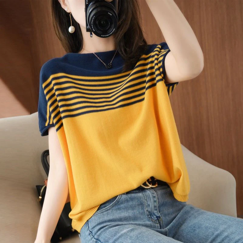 Summer Korean Fashion Striped Patchwork Casual Knitted Tee Women Loose All-match Short Sleeve T-shirt Lady Vintage Pullover Top