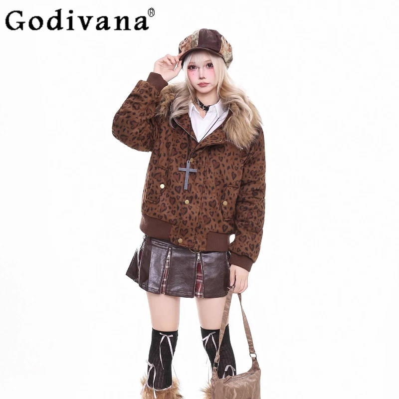 

Ретро леопардовый узор с меховым воротником, парки для женщин, зимняя хлопковая куртка с капюшоном, женские утолщенные теплые хлопковые парки, пальто