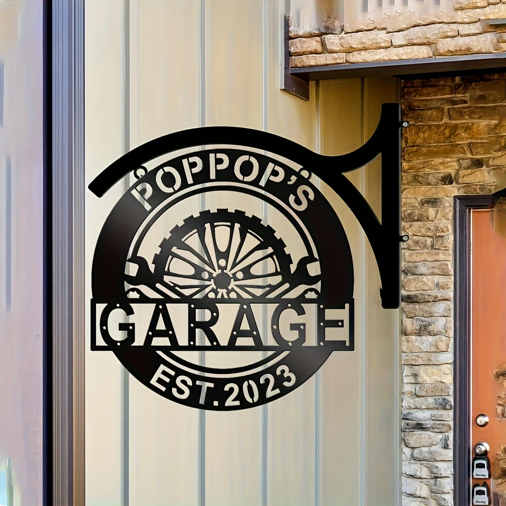 Custom Metal Plaque Black round Design Garage Gift for Fathers And Mechanics with Wheel And Wrench Silhouette Personalized Decor