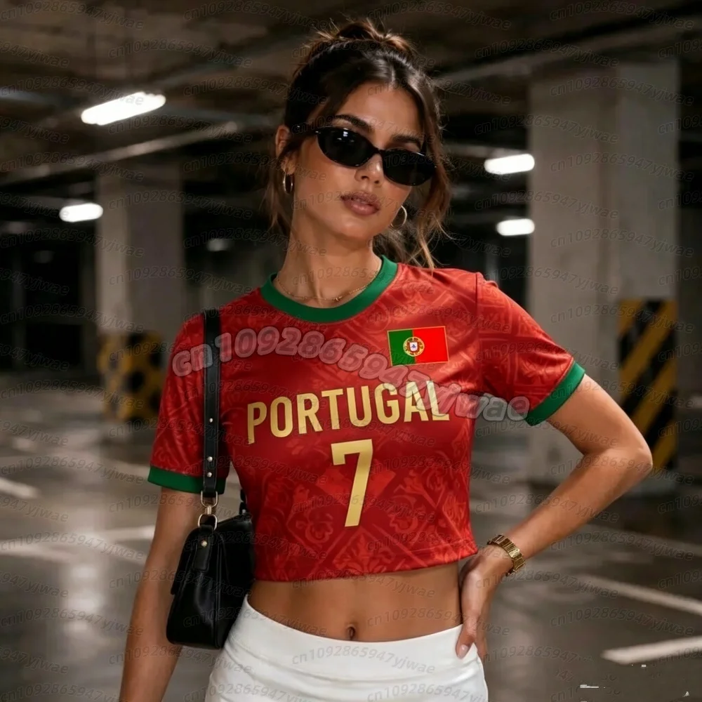 2026 women Portugal NO.7 Soccer Crop Top Jersey,  Football FANS Tee women Romance Football Jersey, short sleeve women t-shirt