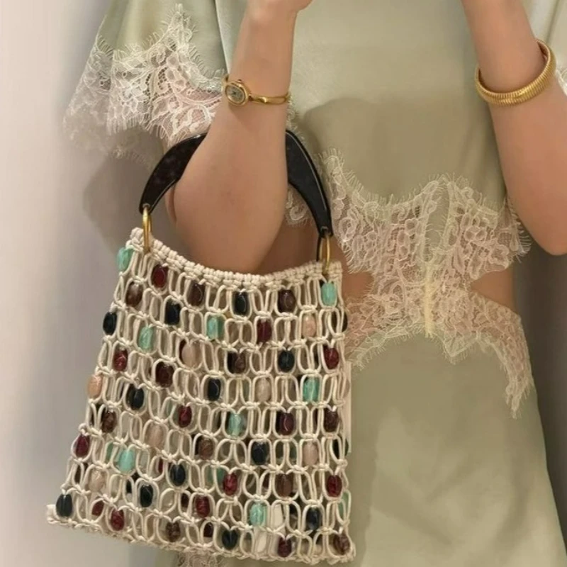 Retro Bohemian Style Rope Knot Crochet Colorful Beaded Handbag 2026 New Style Fashionable Lady's Hand-knitted Handbag and Wallet