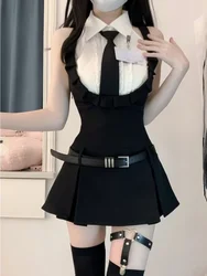 Preppy Style Sweet Hot Girl College Style Suit Women's Summer Sleeveless Shirt Shoulder Strap A-line Dress Fashion Two-piece Set