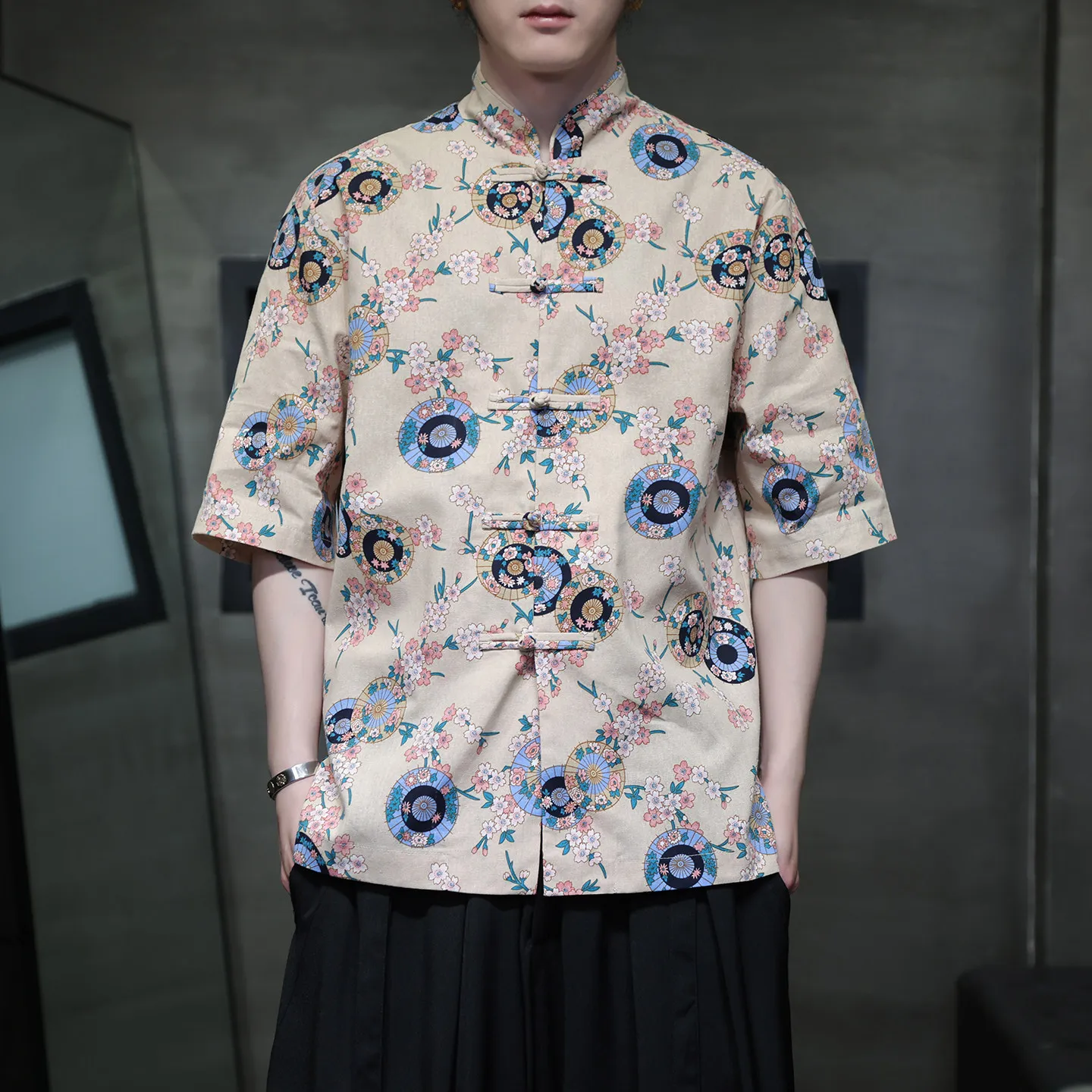Men's Summer Breathable Shirt Short Sleeve Casual Top with Contrast Cherry Blossom Pattern Chinese Tang Suit Style Clothing 5XL