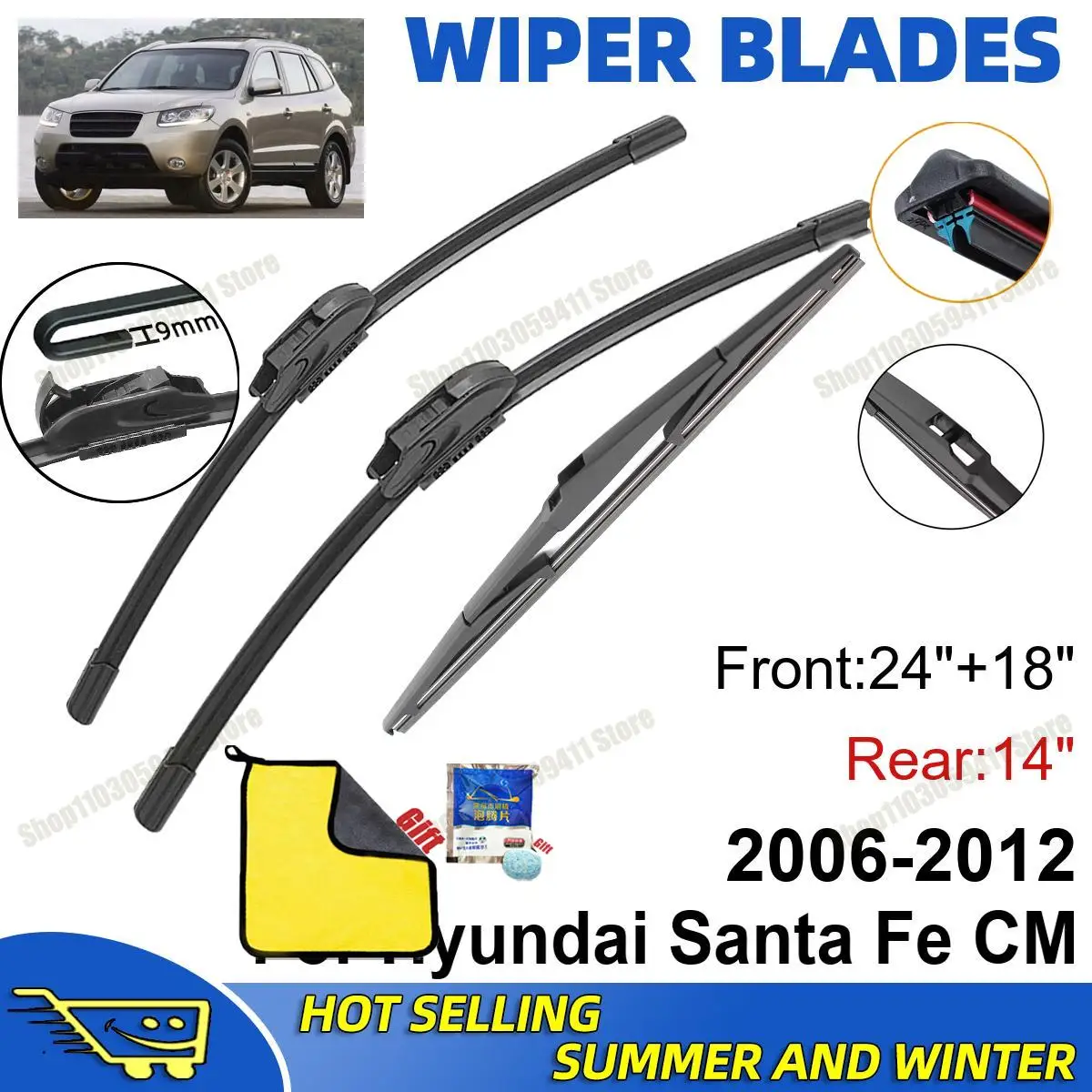 

3PCS For Hyundai Santa Fe CM 2006-2012 24" + 18"+ 14" Front Rear Wiper Blades Set Windshield Windscreen Car Accessories