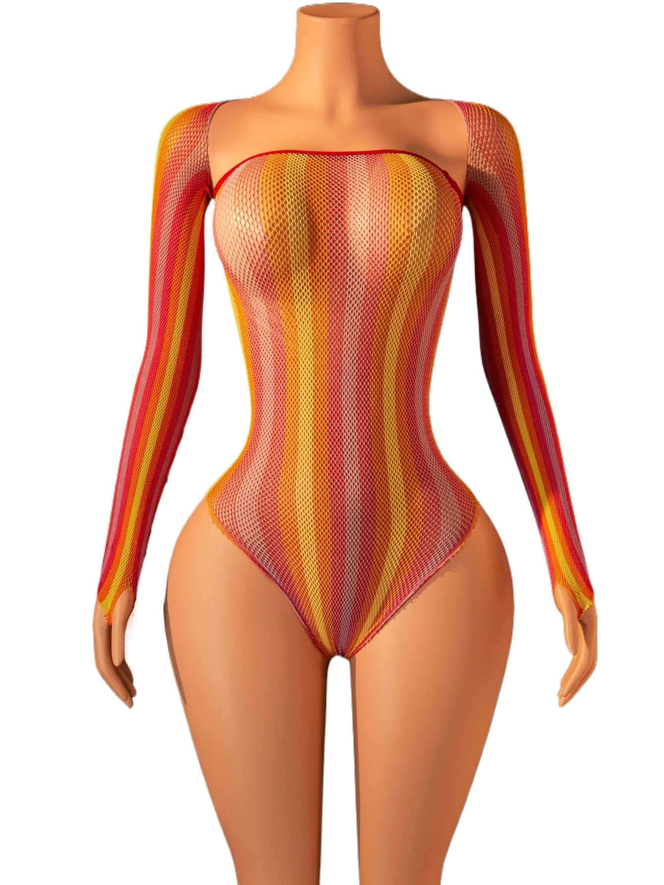 

FHSEER 2pcs Women's Sexy Lingerie Colorful Gradient Slim Fit Lingerie Set Sheer Mesh Bodysuit & Long Sleeves Party Club Outfit