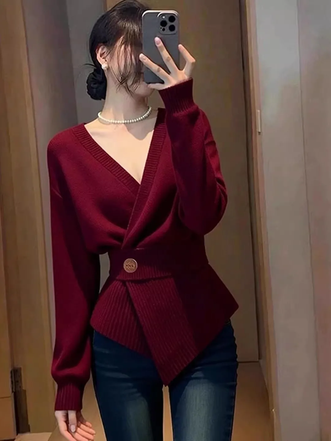 

Cisas новогодний красный трикотаж с V-образным вырезом на талии, женский осенне-зимний асимметричный элитный ленивый вязаный топ