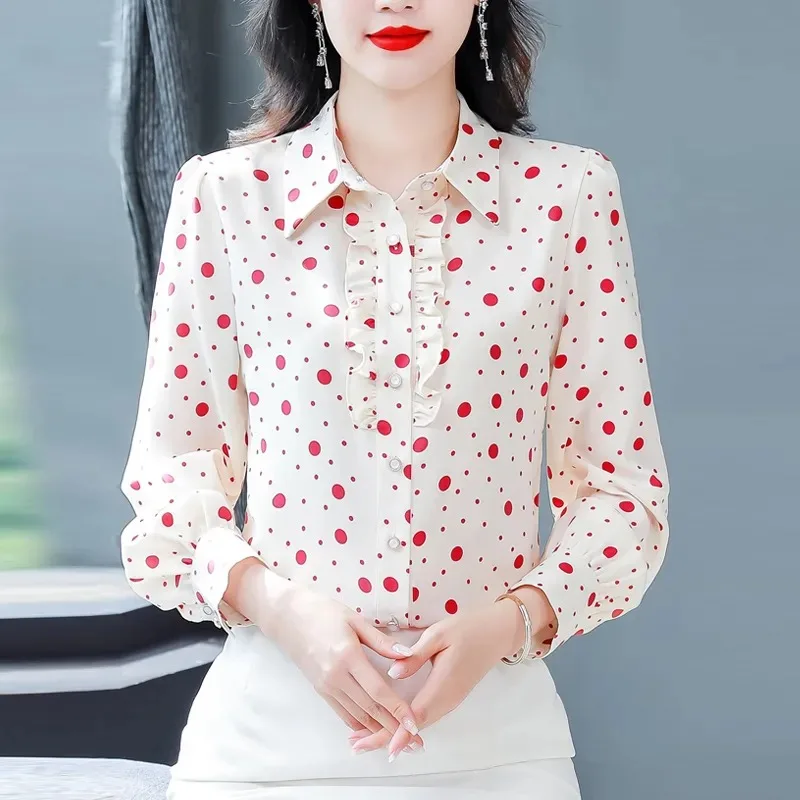 

Women's Premium Polka Dot Print Long Sleeve Shirt Ruffle Trim Satin Blouse Elegant Casual Spring Autumn Top