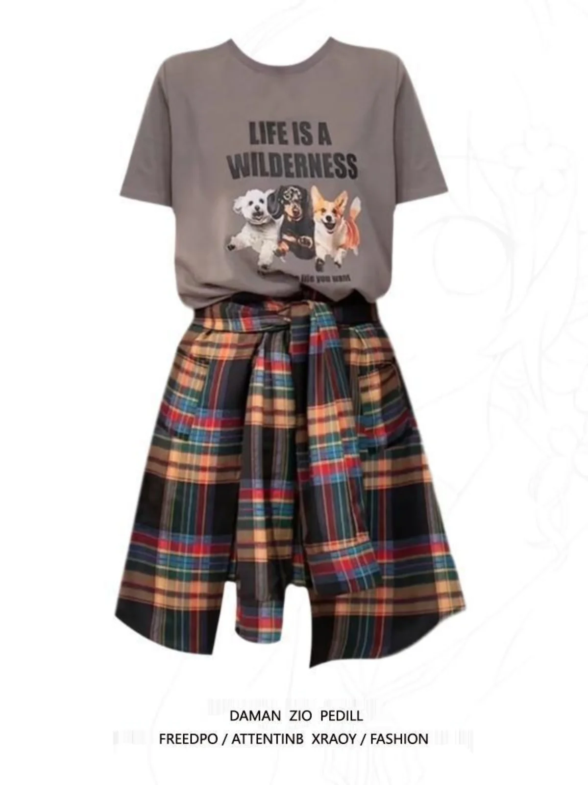 

plus Size Women's American Letter Print ort Sve T-irt High Waist Plaid Skirt Slimming Two-Piece Summer Faion Set