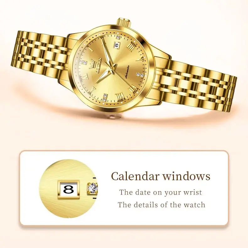 OLEVS 7062 Dameshorloge Luxe merk Automatisch mechanisch horloge Originele mode Romeinse schaal Kalender Waterdicht dameshorloge Relo