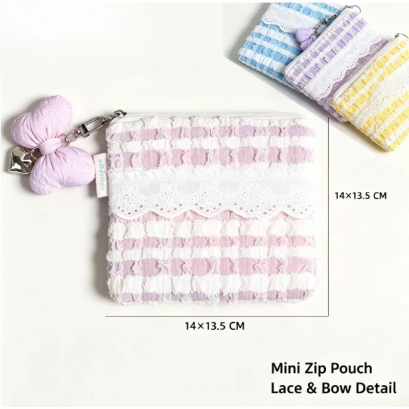 Pleated Lace Earphone Case Mini Cosmetic Bag Zipper Pouch Portable Storage Bag with Bow Pendant Small Makeup Organizer for Women