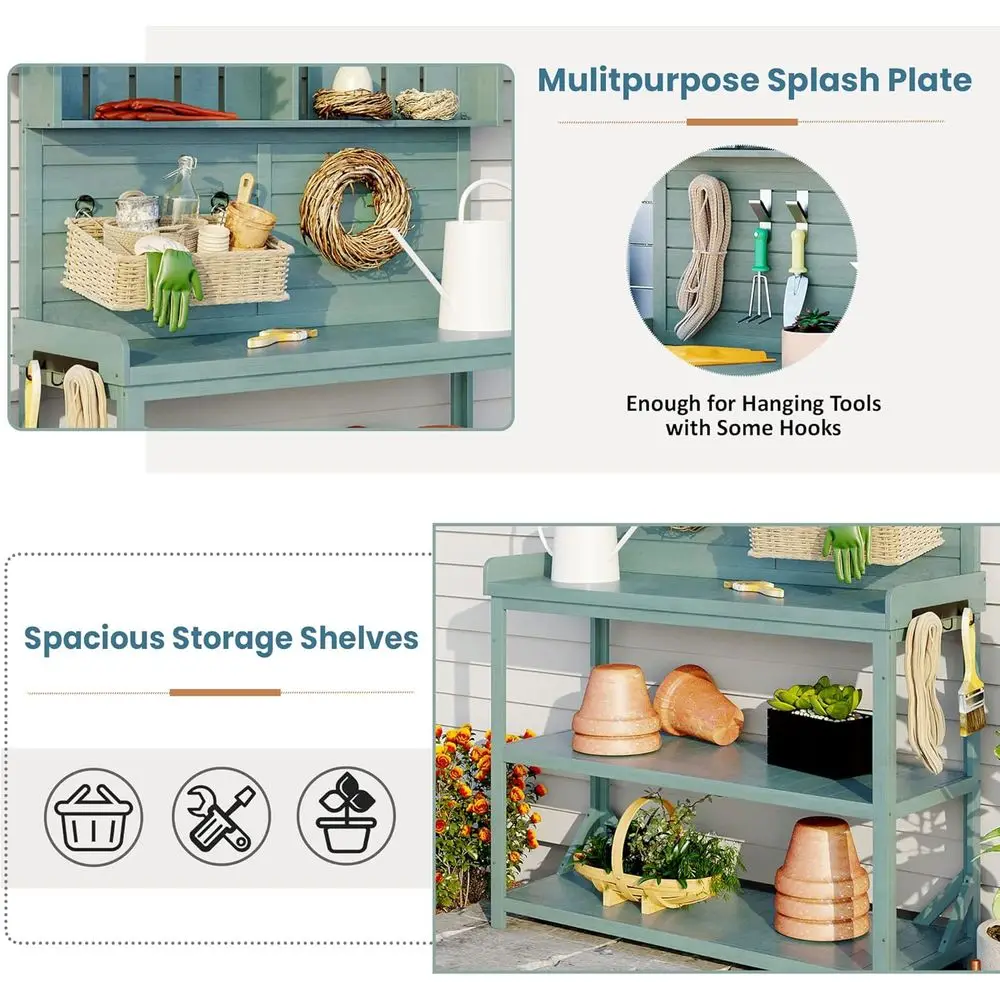 65 Banc d'empotage extérieur en bois vert avec 4 étagères, protection contre les éclaboussures et crochets pour une utilisation dans un jardin et un patio