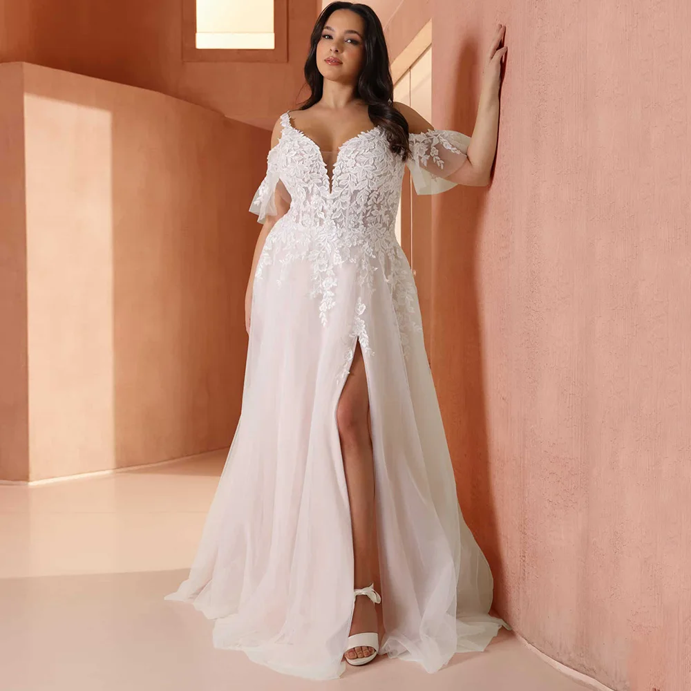 Graceful Tulle Plus Size Women Wedding Dress with off the Shoulder Appliques Lace Deep V-Neck Side Slit Bridal Gowns Customized
