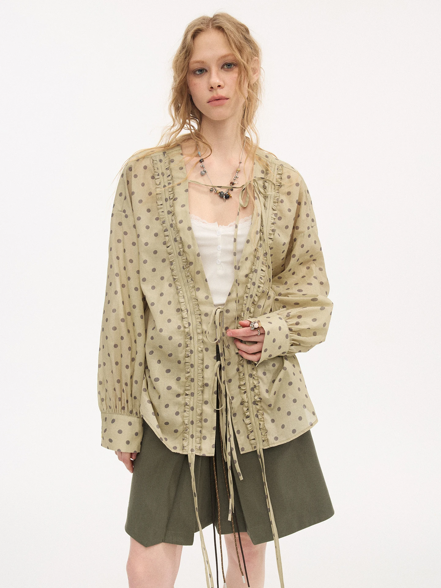 D IDDIMODA V-Neck Long Sleeve Blouse with Drawstring And Pleated Detail Versatile Checkered Shirt Spring 2026 Casual Style