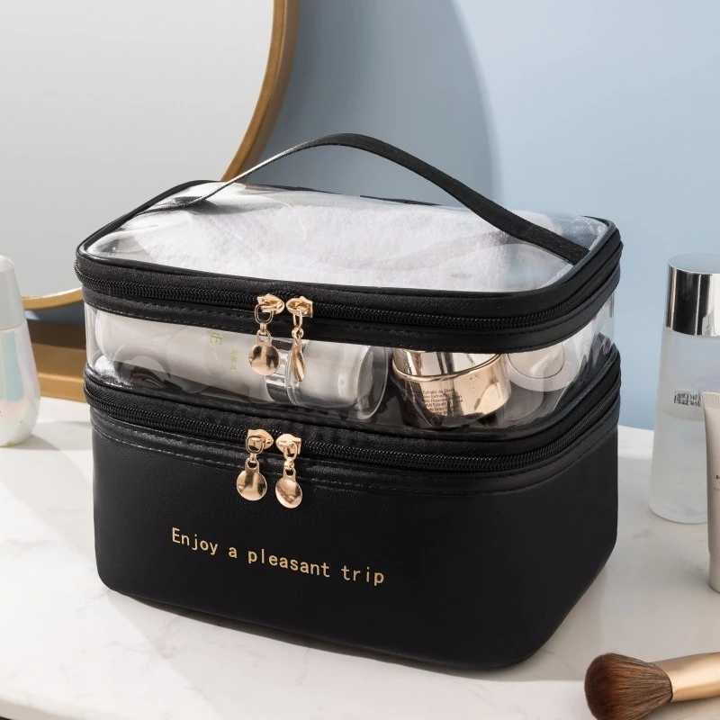 Portable Cosmetic Bag Large Capacity Washing Bag Double Transparent PU Makeup Bag Waterproof Travel Toiletry Bag Storage Bag
