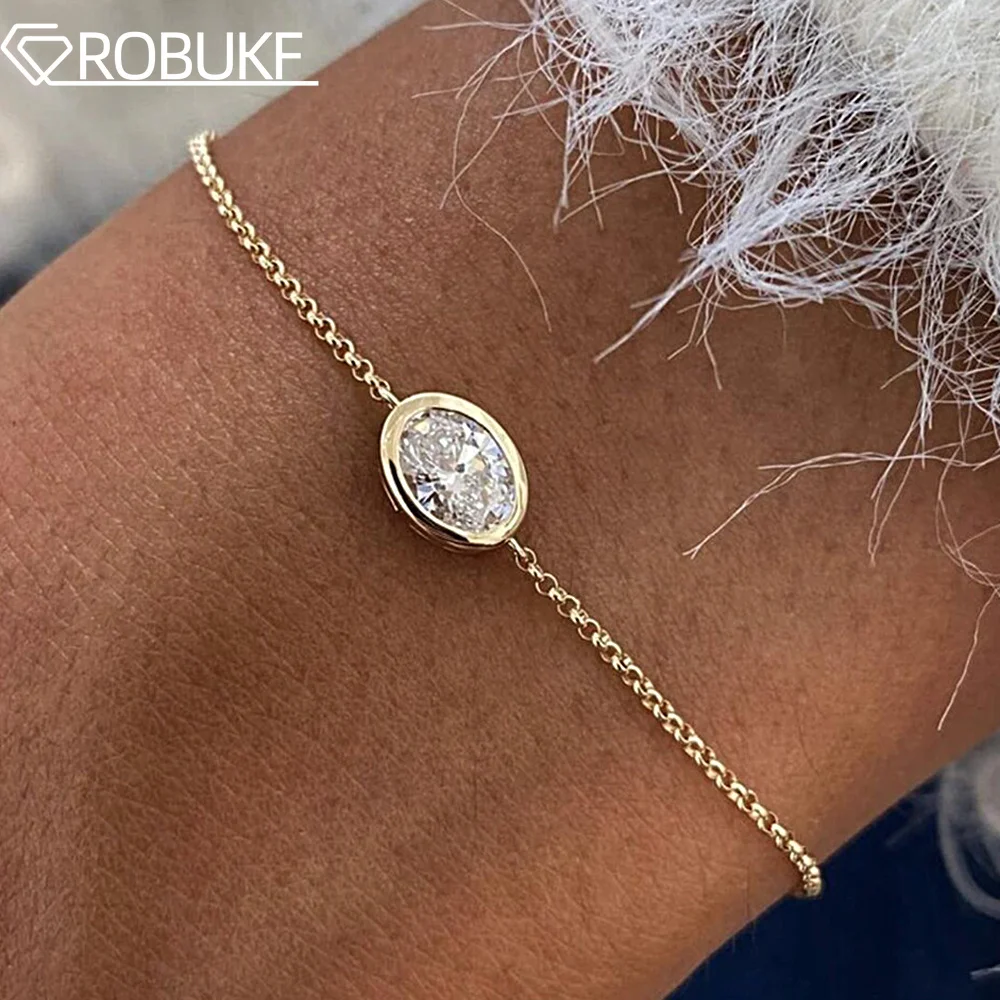 1CT 2CT Bezel Set Oval Cut Solitaire Moissanite Diamond Link Bracelet for Women 15cm-20cm Adjustable Chain S925 Silver Jewelry
