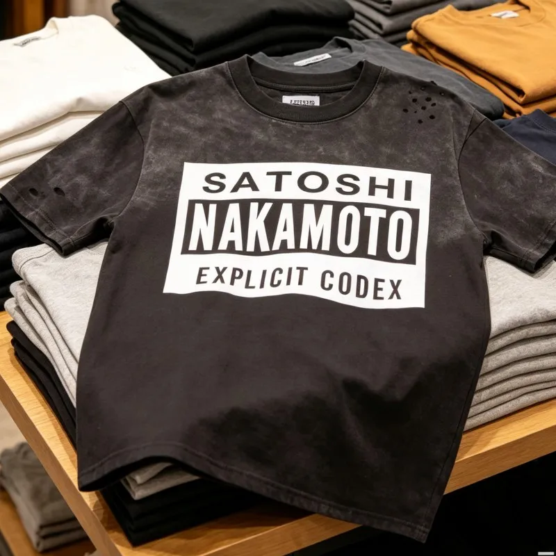 Summer Streetwear SATOSHI Tshirts Cotton Black Distressed Washed Hole Round Neck Short Sleeve Box Letter Logo Tops Men Women