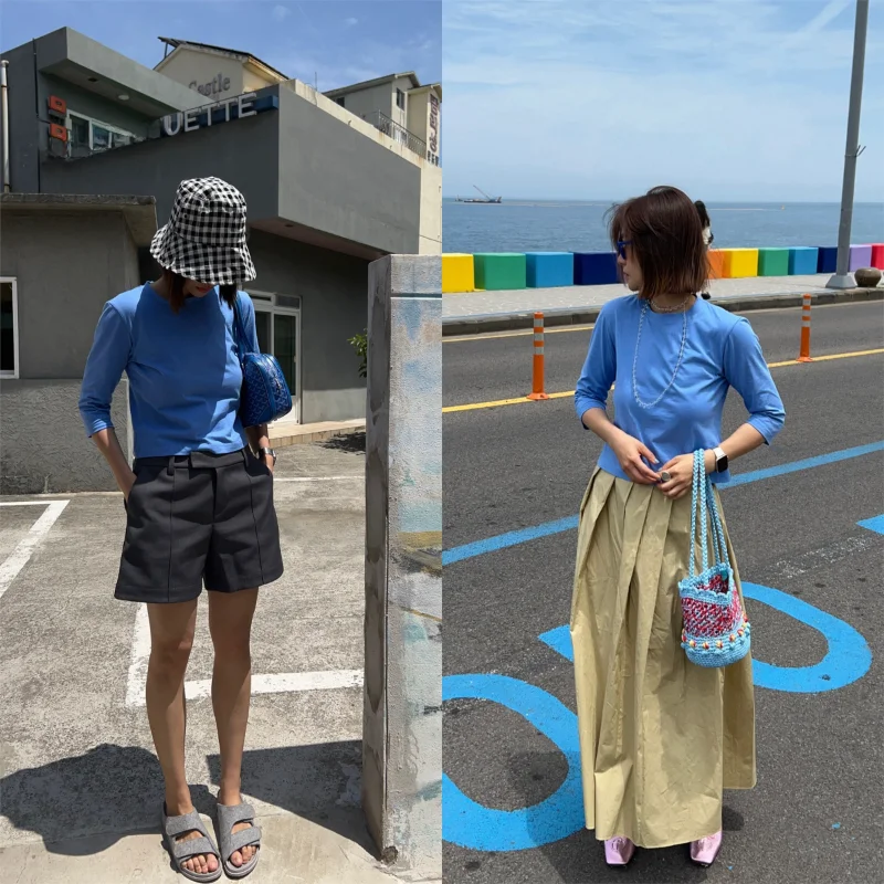 Slim Fit Basic Fashionable T-Shirt Sea Blue 7/8 Sleeve Polyester Fabric Casual Wear Everyday Style Polyester Fiber 100%