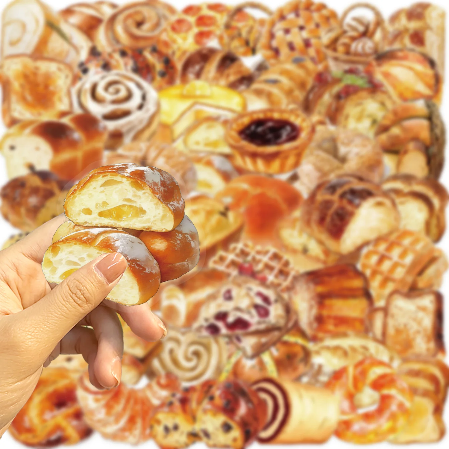50pcs Bread Food Stickers Transparent Cartoon PET Stickers Decals for Skateboard Water Bottle Phone Decor