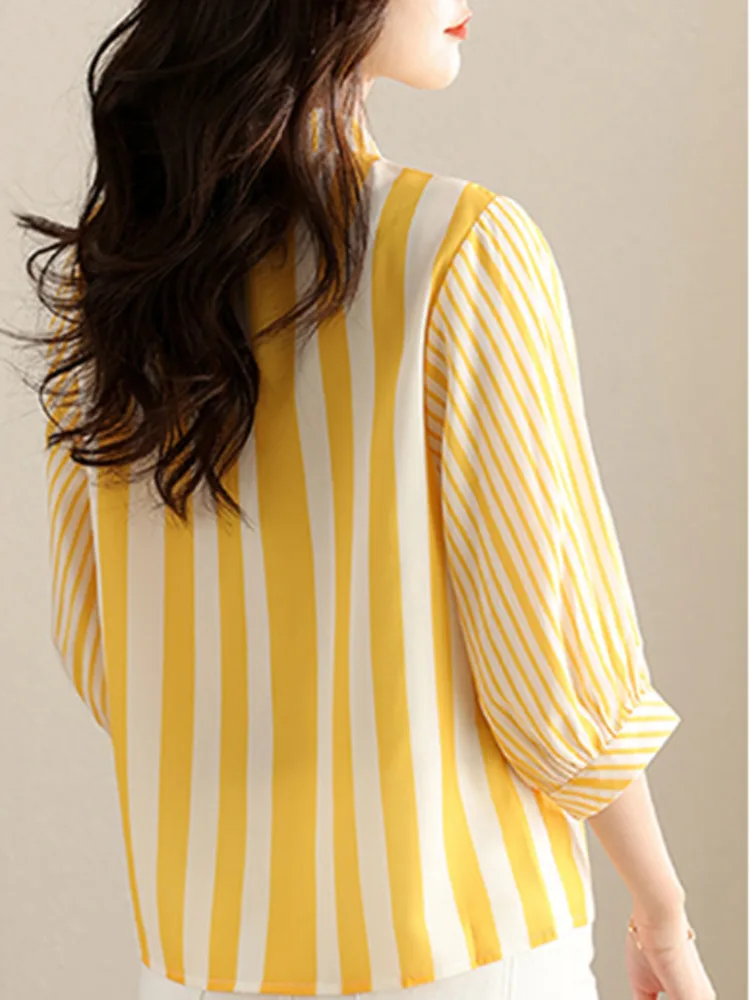 #3227 Yellow Vertrical Striped Shirts Women Stand Collar Sexy Three Quarter Sleeve Womens Tops And Blouses Thin Loose Summer