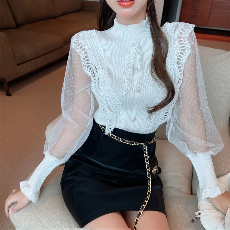 2022 Lente Zomer Franse Stijl Semi-Hoge Kraag Slim Gebreide Stiksels Lange Mouwen Effen Kleur Mode Elegant blouse