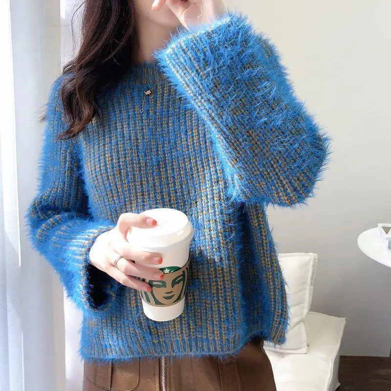 

2024 Autumn Winter New Temperament Elegant Pullovers Vintage Loose Thick Sweaters Women Clothing Fashion Chic Warm Knit Jumper