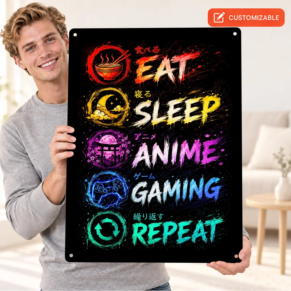 Eat Sleep Anime Gaming Repeat Printed Poster Personalized Aluminum Metal Sign Colorful Lettering Design Wall Art For Bedroom