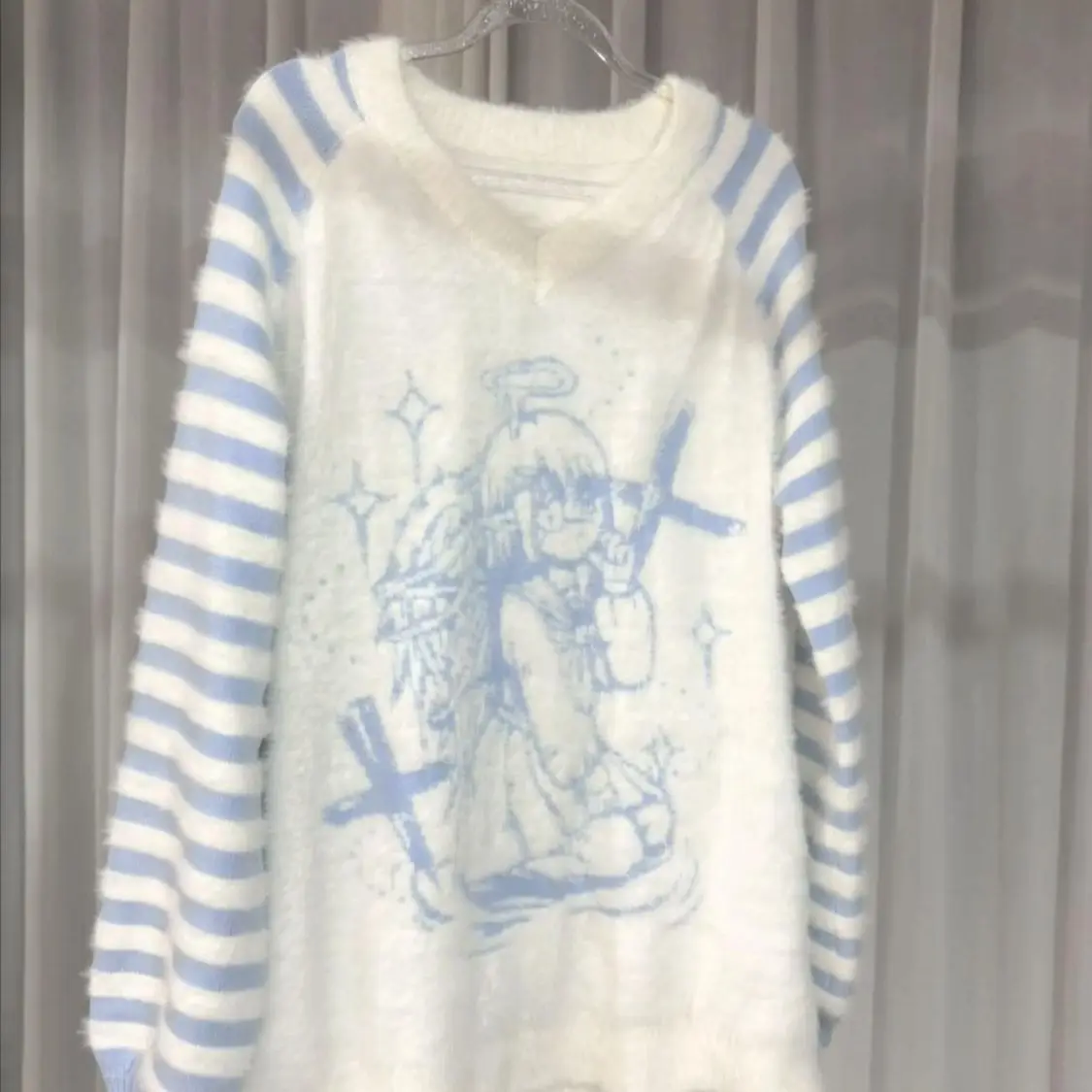 Japanese Jumper Cartoon Pullovers for Women Pull Femme Casual Fashion Knit Loose V-neck Striped Sweater Tops Fall Winter Clothes