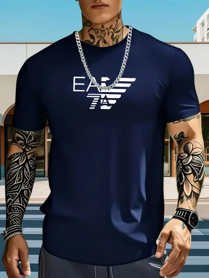 Herren Sommer T-Shirt aus reiner Baumwolle mit EA7-Buchstaben-Print, kurzärmelig, lässig, Streetwear, Baumwoll-T-Shirt mit Rundhalsausschnitt