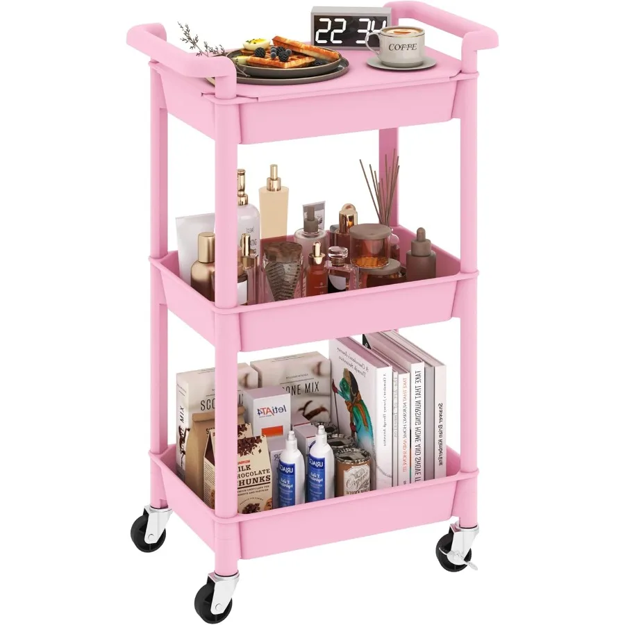 

3Tier Utility Rolling Cart with Cover Top Board Mobile Utility Cart with Lockable Casters MultiFunctional Storage Trolley for O