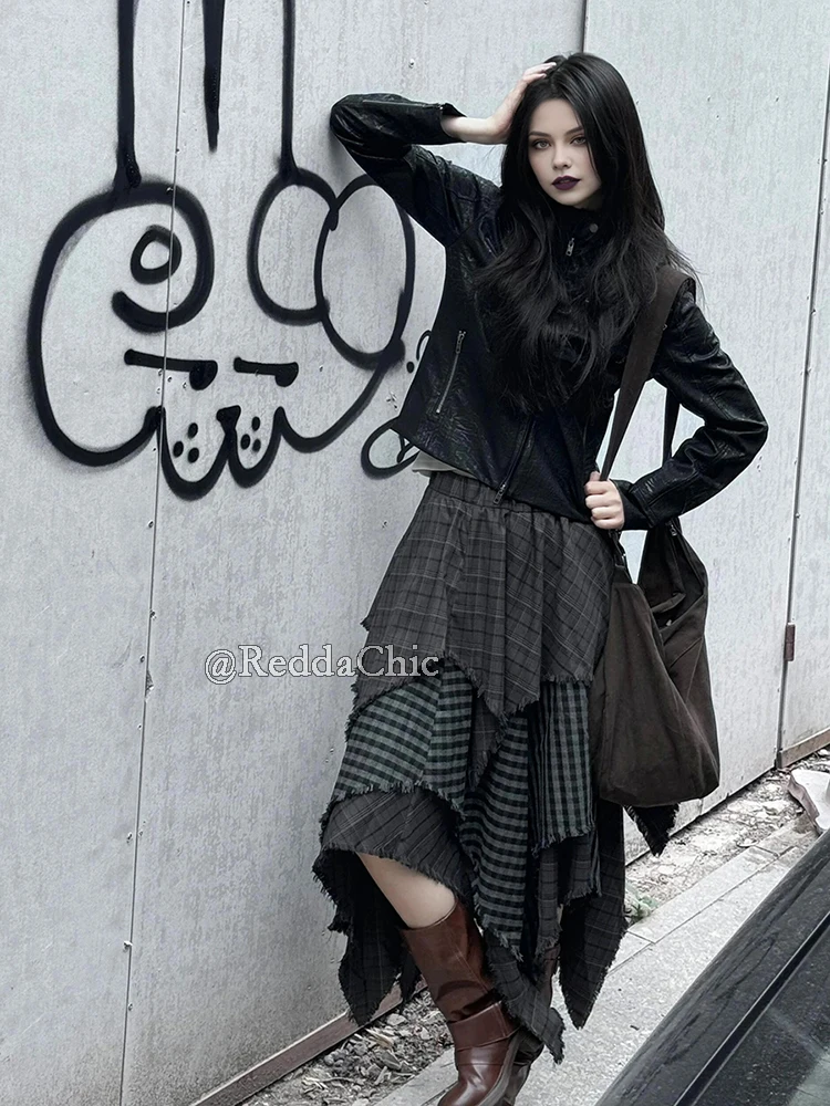 ReddaChic Alt Goth Contrast Plaid Skirt Grunge Retro Elastic Waist Raw Edge Irregular Ruffle Long Skirt Plus Size Women Clothes