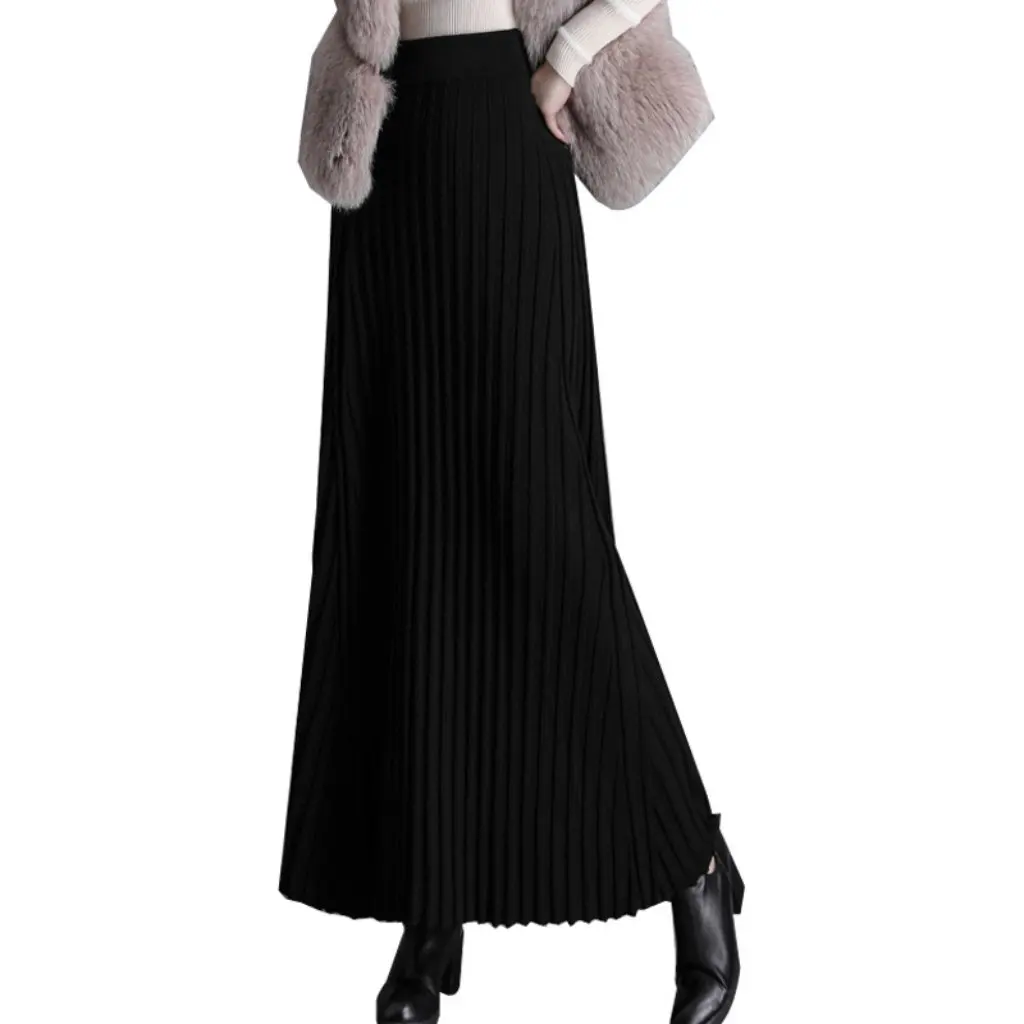 

High Waist Pleated Knitted Skirt for plus Size Women Lined Slim Fit Sweater Skirt for Autumn Winter Style