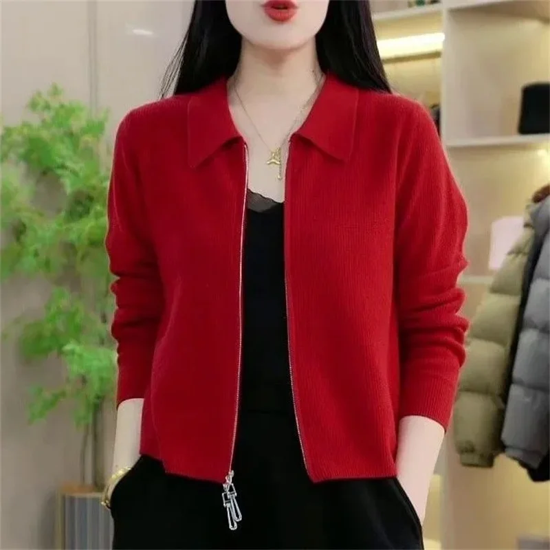 Spring Autumn Lady Knitting Cardigan Jacket Female Short Zipper Sweater Outerwear Women Solid Color Loose Fitting Knitwear Coat